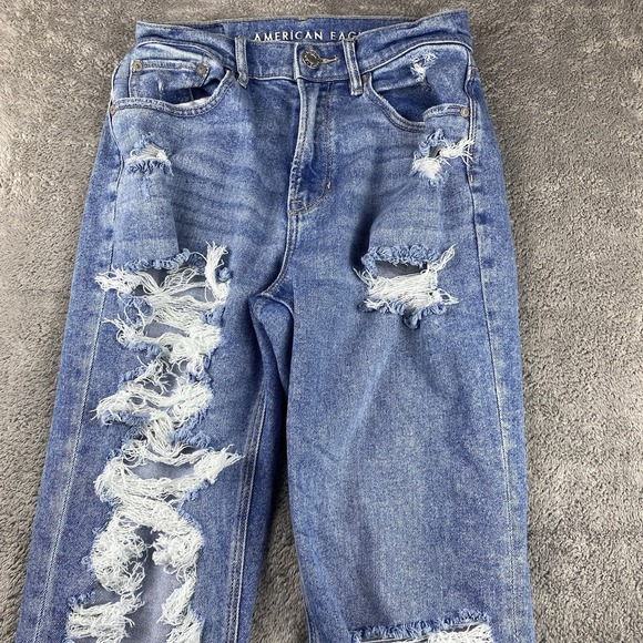 American Eagle Stretch High Rise 90s Boyfriend Jeans Womens 2 R Blue Distressed - Picture 3 of 13